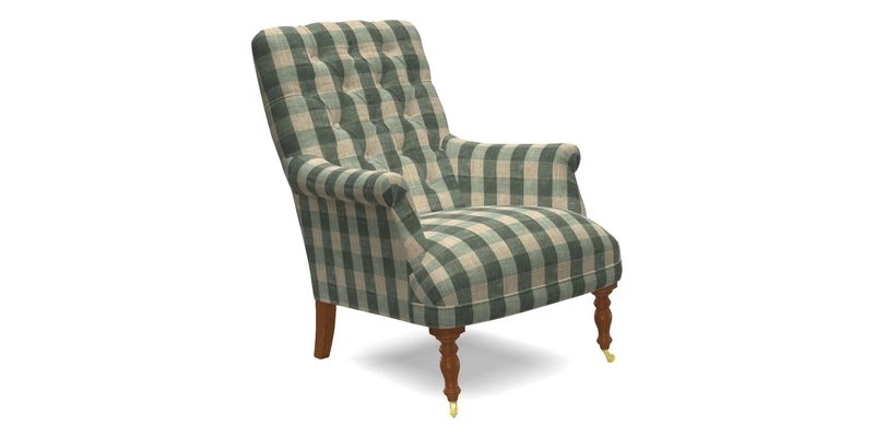 Snape Button Back chair in Spill Resistant V&A Bird & Rabbit Dark Green and Cube footstool in Spill Resistant RHS Etta's Stripe Ink