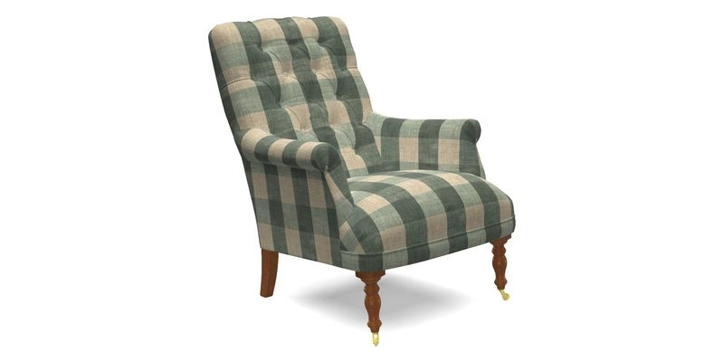 Snape Button Back chair in Spill Resistant V&A Bird & Rabbit Dark Green and Cube footstool in Spill Resistant RHS Etta's Stripe Ink