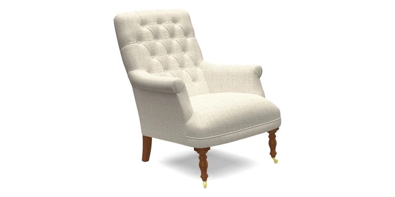 Snape Button Back chair in Spill Resistant V&A Bird & Rabbit Dark Green and Cube footstool in Spill Resistant RHS Etta's Stripe Ink