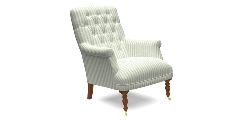 Snape Button Back chair in Spill Resistant V&A Bird & Rabbit Dark Green and Cube footstool in Spill Resistant RHS Etta's Stripe Ink