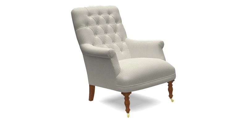 Snape Button Back chair in Spill Resistant V&A Bird & Rabbit Dark Green and Cube footstool in Spill Resistant RHS Etta's Stripe Ink