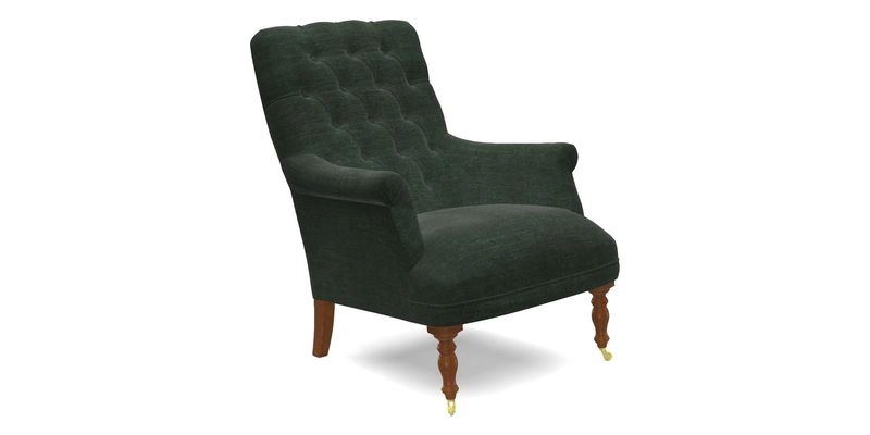 Snape Button Back chair in Spill Resistant V&A Bird & Rabbit Dark Green and Cube footstool in Spill Resistant RHS Etta's Stripe Ink