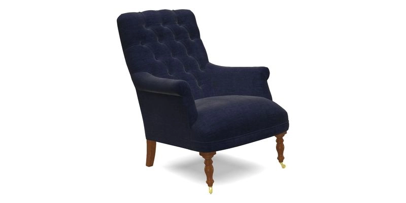 Snape Button Back chair in Spill Resistant V&A Bird & Rabbit Dark Green and Cube footstool in Spill Resistant RHS Etta's Stripe Ink