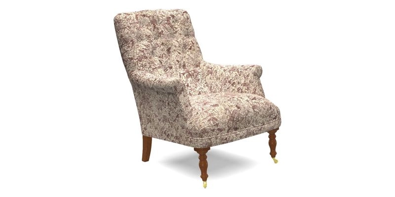 Snape Button Back chair in Spill Resistant V&A Bird & Rabbit Dark Green and Cube footstool in Spill Resistant RHS Etta's Stripe Ink