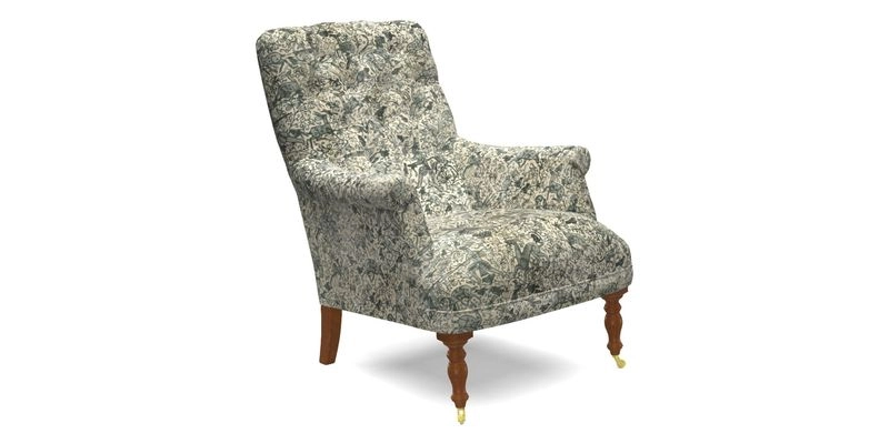 Snape Button Back chair in Spill Resistant V&A Bird & Rabbit Dark Green and Cube footstool in Spill Resistant RHS Etta's Stripe Ink