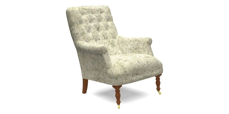 Snape Button Back chair in Spill Resistant V&A Bird & Rabbit Dark Green and Cube footstool in Spill Resistant RHS Etta's Stripe Ink