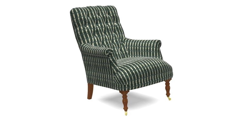 Snape Button Back chair in Spill Resistant V&A Bird & Rabbit Dark Green and Cube footstool in Spill Resistant RHS Etta's Stripe Ink