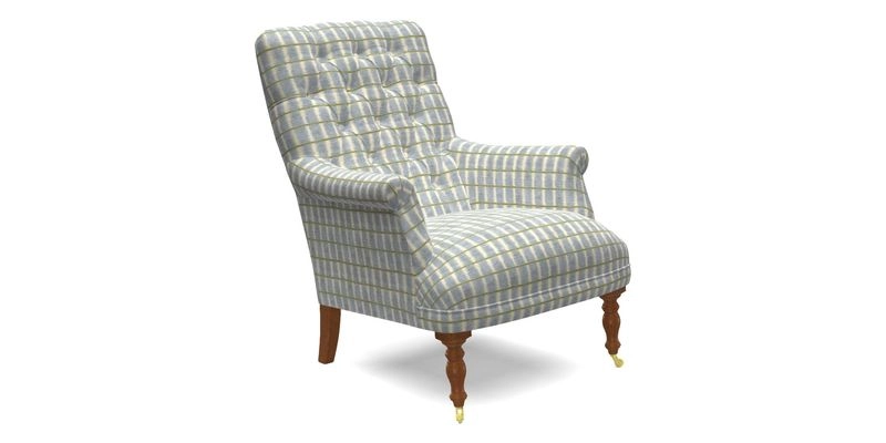 Snape Button Back chair in Spill Resistant V&A Bird & Rabbit Dark Green and Cube footstool in Spill Resistant RHS Etta's Stripe Ink