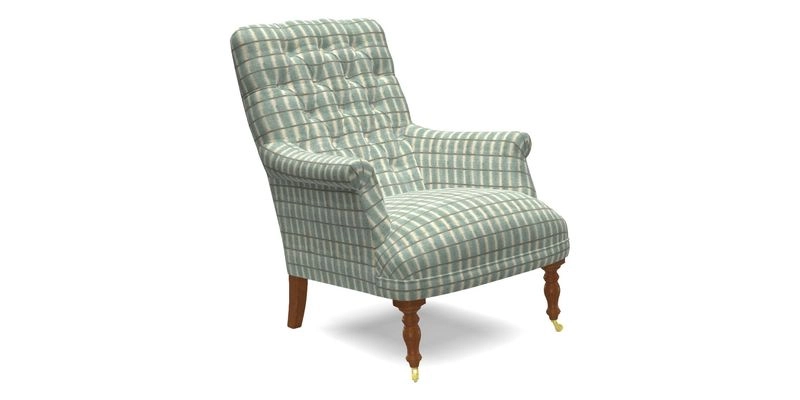 Snape Button Back chair in Spill Resistant V&A Bird & Rabbit Dark Green and Cube footstool in Spill Resistant RHS Etta's Stripe Ink