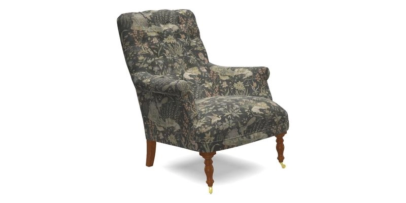 Snape Button Back chair in Spill Resistant V&A Bird & Rabbit Dark Green and Cube footstool in Spill Resistant RHS Etta's Stripe Ink