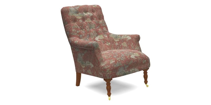 Snape Button Back chair in Spill Resistant V&A Bird & Rabbit Dark Green and Cube footstool in Spill Resistant RHS Etta's Stripe Ink