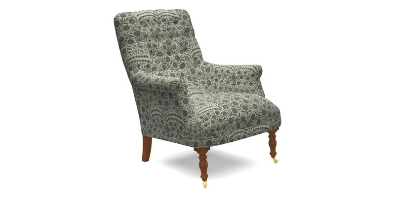 Snape Button Back chair in Spill Resistant V&A Bird & Rabbit Dark Green and Cube footstool in Spill Resistant RHS Etta's Stripe Ink