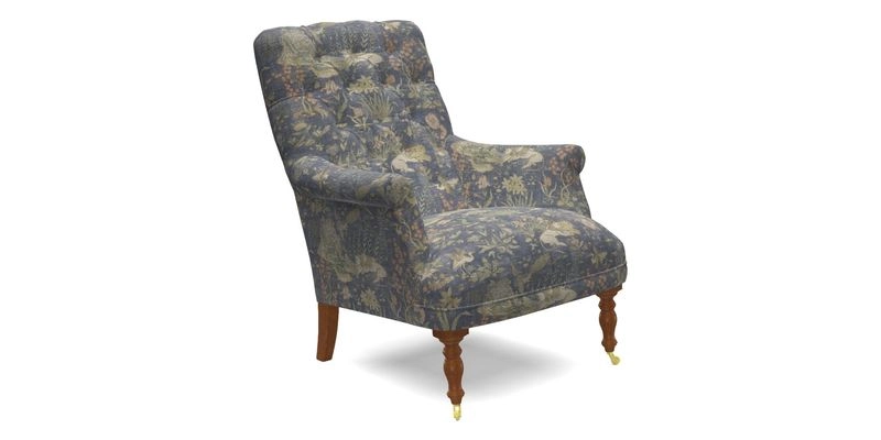 Snape Button Back chair in Spill Resistant V&A Bird & Rabbit Dark Green and Cube footstool in Spill Resistant RHS Etta's Stripe Ink