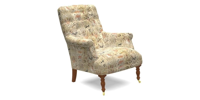 Snape Button Back chair in Spill Resistant V&A Bird & Rabbit Dark Green and Cube footstool in Spill Resistant RHS Etta's Stripe Ink