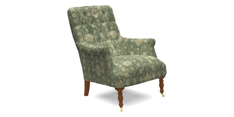 Snape Button Back chair in Spill Resistant V&A Bird & Rabbit Dark Green and Cube footstool in Spill Resistant RHS Etta's Stripe Ink