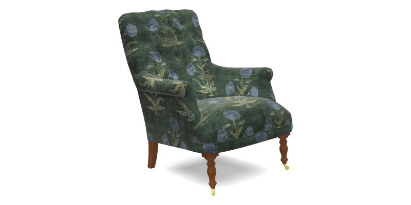Snape Button Back chair in Spill Resistant V&A Bird & Rabbit Dark Green and Cube footstool in Spill Resistant RHS Etta's Stripe Ink