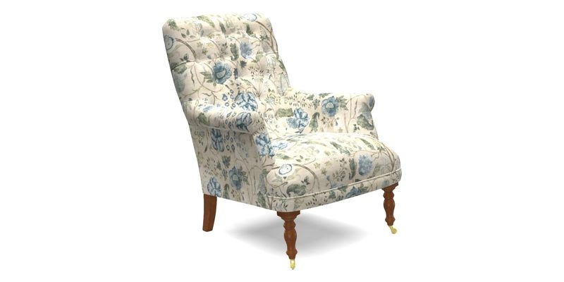 Snape Button Back chair in Spill Resistant V&A Bird & Rabbit Dark Green and Cube footstool in Spill Resistant RHS Etta's Stripe Ink