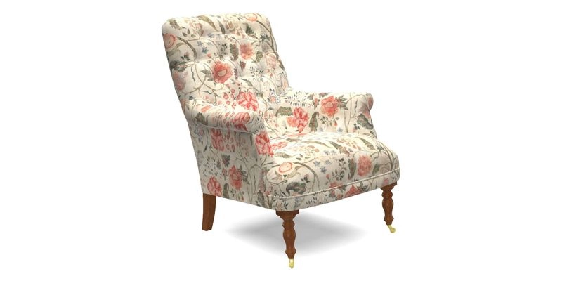 Snape Button Back chair in Spill Resistant V&A Bird & Rabbit Dark Green and Cube footstool in Spill Resistant RHS Etta's Stripe Ink