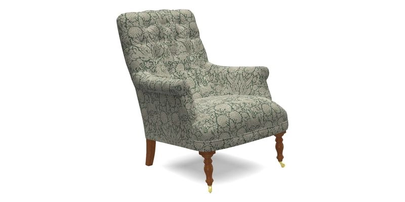 Snape Button Back chair in Spill Resistant V&A Bird & Rabbit Dark Green and Cube footstool in Spill Resistant RHS Etta's Stripe Ink