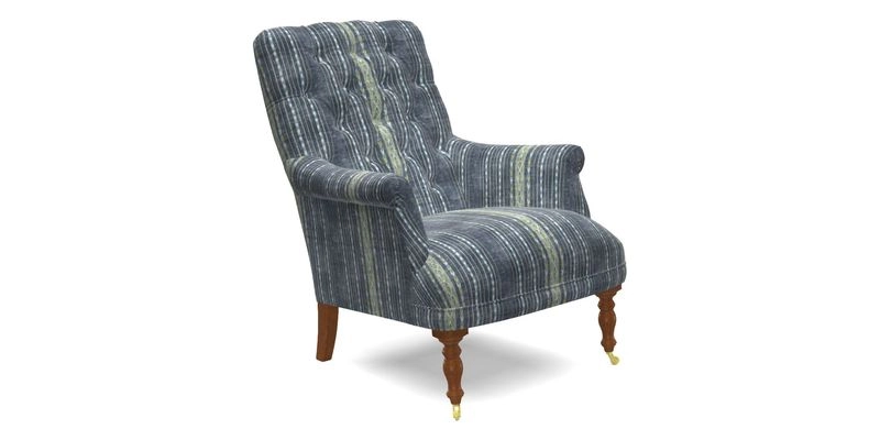 Snape Button Back chair in Spill Resistant V&A Bird & Rabbit Dark Green and Cube footstool in Spill Resistant RHS Etta's Stripe Ink