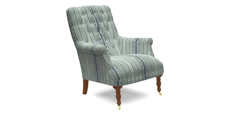 Snape Button Back chair in Spill Resistant V&A Bird & Rabbit Dark Green and Cube footstool in Spill Resistant RHS Etta's Stripe Ink