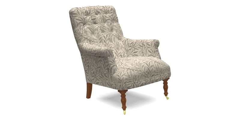 Snape Button Back chair in Spill Resistant V&A Bird & Rabbit Dark Green and Cube footstool in Spill Resistant RHS Etta's Stripe Ink