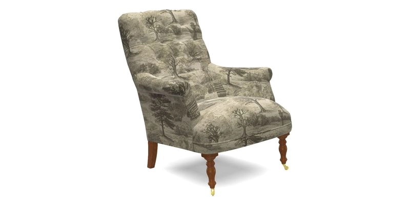 Snape Button Back chair in Spill Resistant V&A Bird & Rabbit Dark Green and Cube footstool in Spill Resistant RHS Etta's Stripe Ink