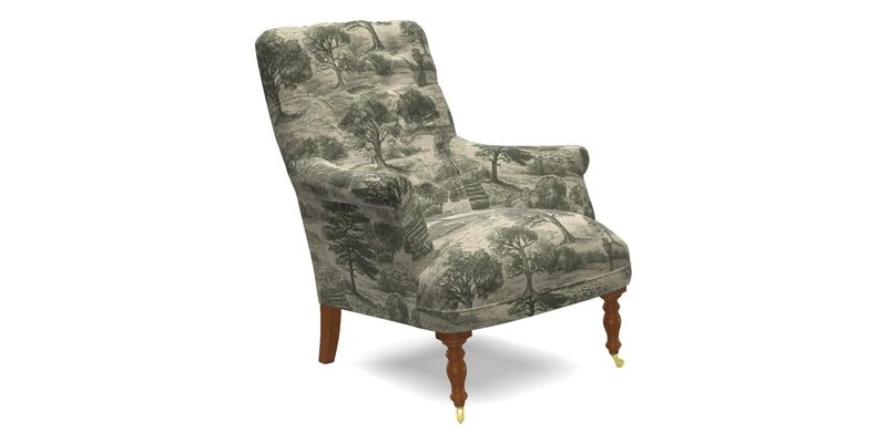 Snape Button Back chair in Spill Resistant V&A Bird & Rabbit Dark Green and Cube footstool in Spill Resistant RHS Etta's Stripe Ink
