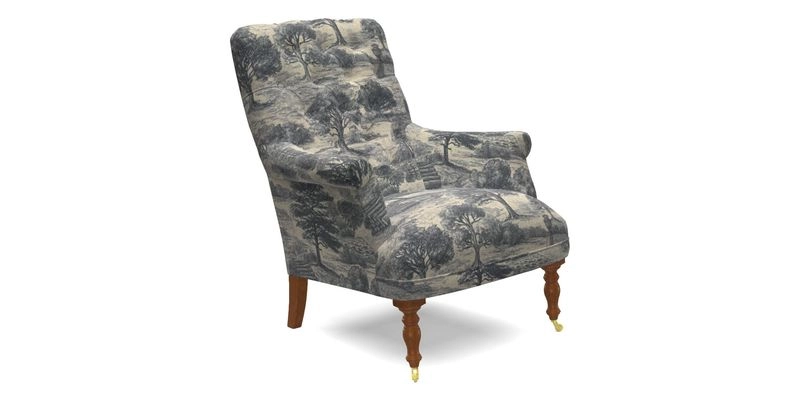 Snape Button Back chair in Spill Resistant V&A Bird & Rabbit Dark Green and Cube footstool in Spill Resistant RHS Etta's Stripe Ink