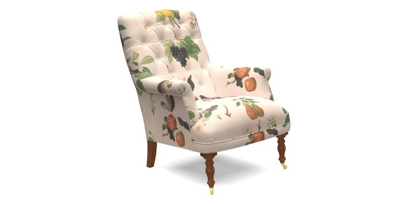 Snape Button Back chair in Spill Resistant V&A Bird & Rabbit Dark Green and Cube footstool in Spill Resistant RHS Etta's Stripe Ink