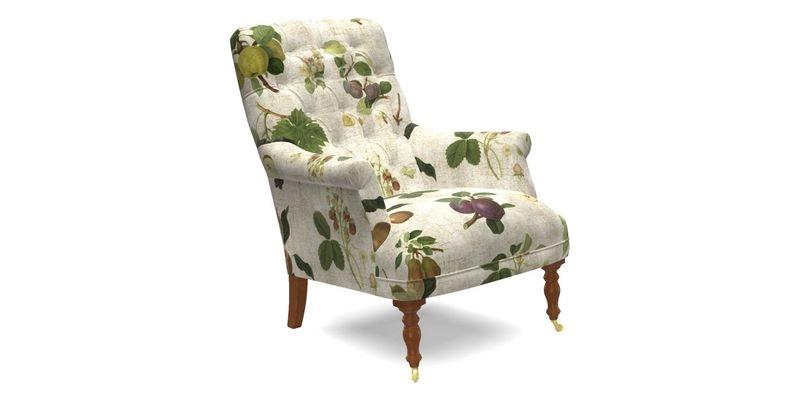 Snape Button Back chair in Spill Resistant V&A Bird & Rabbit Dark Green and Cube footstool in Spill Resistant RHS Etta's Stripe Ink