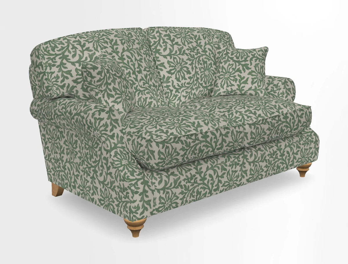 St Mawes 3 Seater Sofa in RHS Collection Gertrude Jekyll Trailing Vine Green-With-Scatters in Linwood Omega Velvet Hunter Green