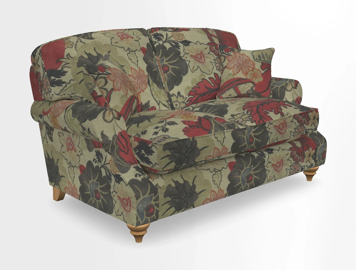 St Mawes 3 Seater Sofa in RHS Collection Gertrude Jekyll Trailing Vine Green-With-Scatters in Linwood Omega Velvet Hunter Green