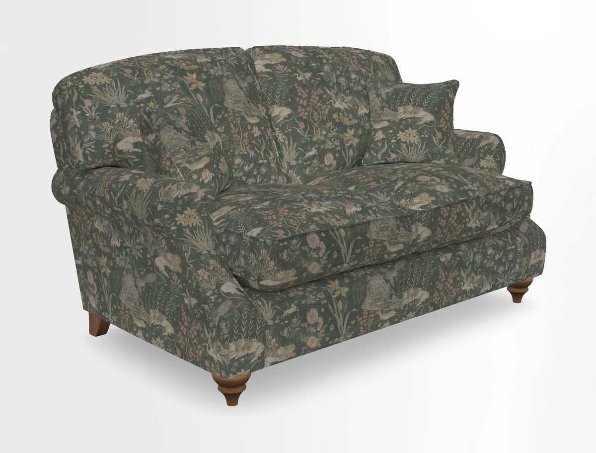 St Mawes 3 Seater Sofa in RHS Collection Gertrude Jekyll Trailing Vine Green-With-Scatters in Linwood Omega Velvet Hunter Green