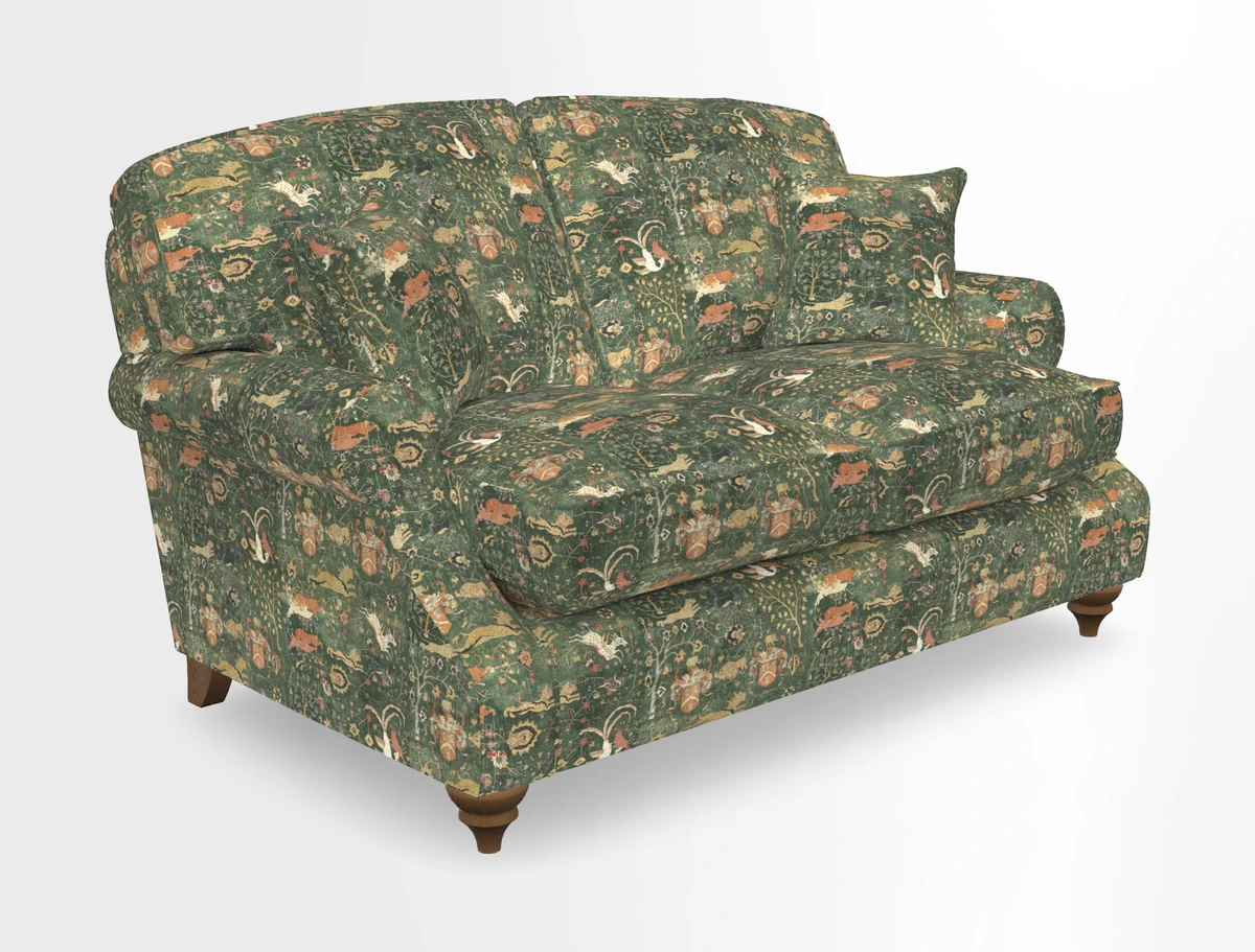 St Mawes 3 Seater Sofa in RHS Collection Gertrude Jekyll Trailing Vine Green-With-Scatters in Linwood Omega Velvet Hunter Green