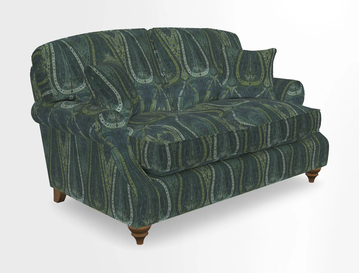 St Mawes 3 Seater Sofa in RHS Collection Gertrude Jekyll Trailing Vine Green-With-Scatters in Linwood Omega Velvet Hunter Green