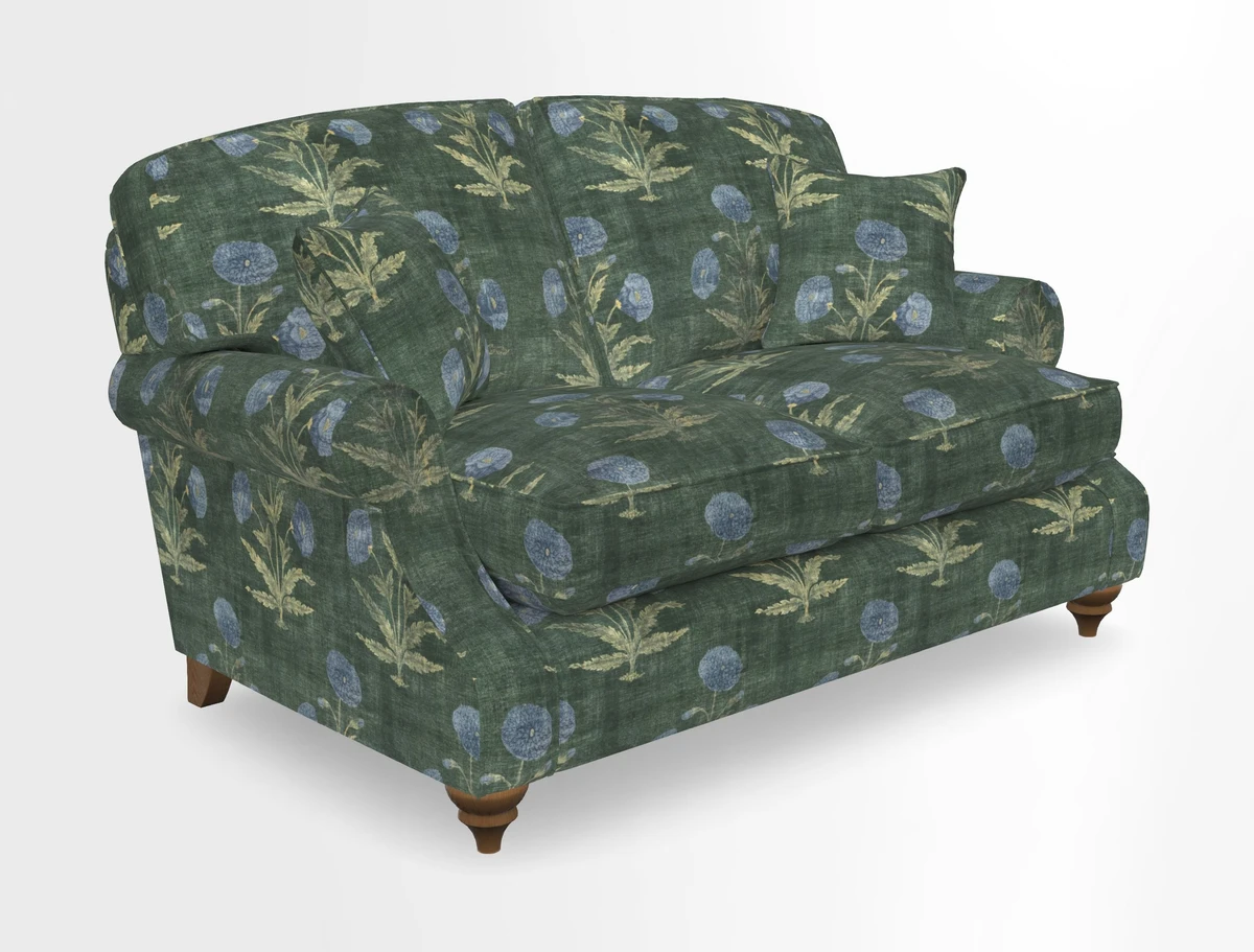St Mawes 3 Seater Sofa in RHS Collection Gertrude Jekyll Trailing Vine Green-With-Scatters in Linwood Omega Velvet Hunter Green