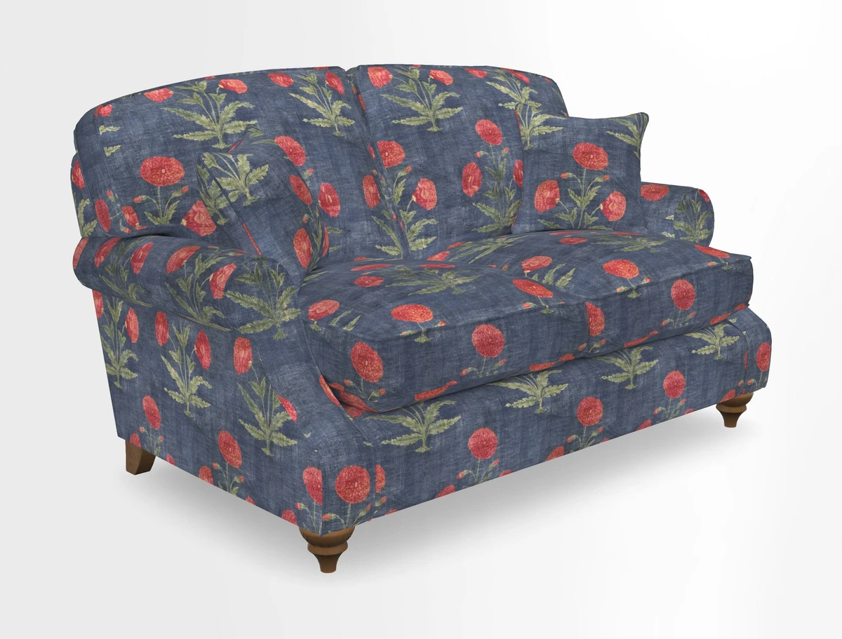 St Mawes 3 Seater Sofa in RHS Collection Gertrude Jekyll Trailing Vine Green-With-Scatters in Linwood Omega Velvet Hunter Green