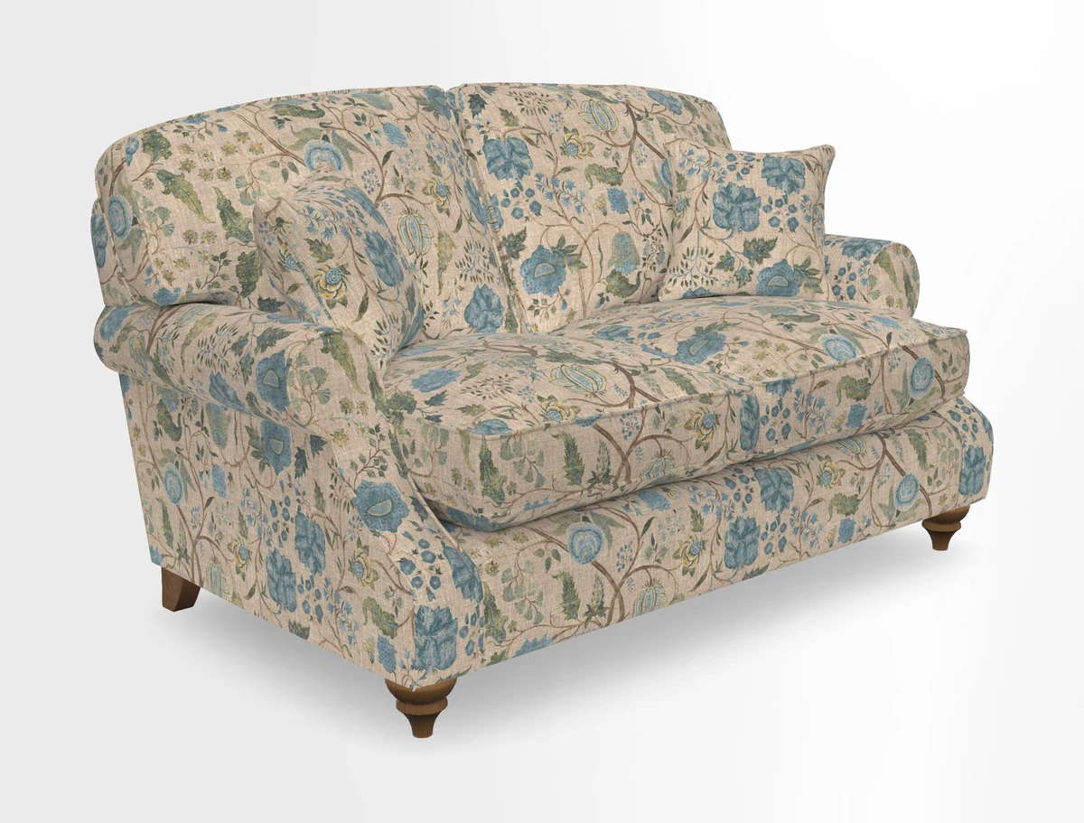 St Mawes 3 Seater Sofa in RHS Collection Gertrude Jekyll Trailing Vine Green-With-Scatters in Linwood Omega Velvet Hunter Green