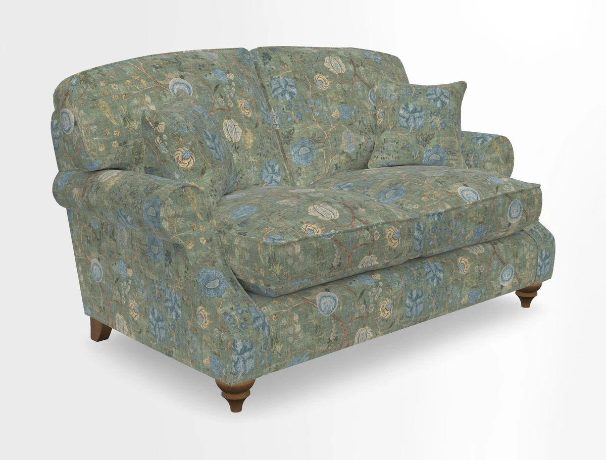 St Mawes 3 Seater Sofa in RHS Collection Gertrude Jekyll Trailing Vine Green-With-Scatters in Linwood Omega Velvet Hunter Green