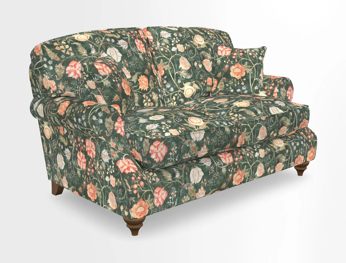St Mawes 3 Seater Sofa in RHS Collection Gertrude Jekyll Trailing Vine Green-With-Scatters in Linwood Omega Velvet Hunter Green