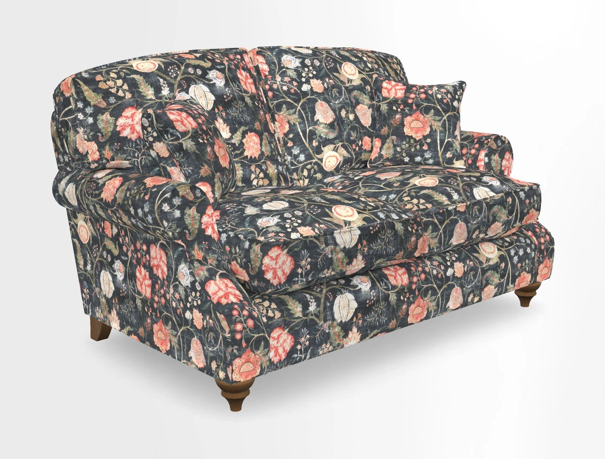 St Mawes 3 Seater Sofa in RHS Collection Gertrude Jekyll Trailing Vine Green-With-Scatters in Linwood Omega Velvet Hunter Green
