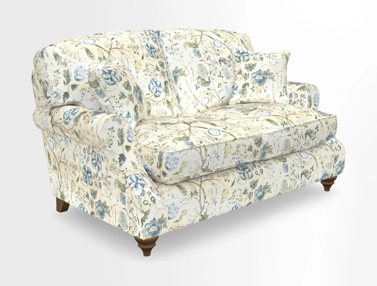 St Mawes 3 Seater Sofa in RHS Collection Gertrude Jekyll Trailing Vine Green-With-Scatters in Linwood Omega Velvet Hunter Green