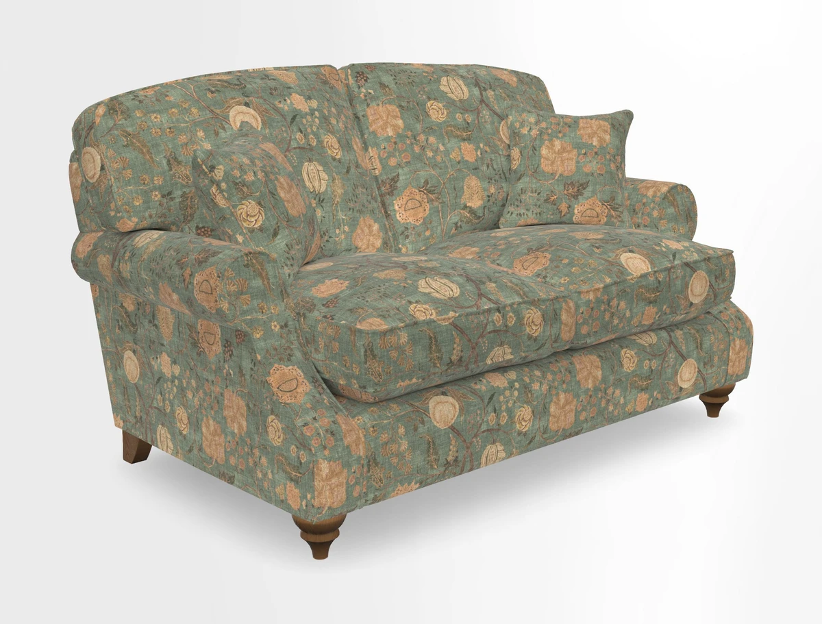 St Mawes 3 Seater Sofa in RHS Collection Gertrude Jekyll Trailing Vine Green-With-Scatters in Linwood Omega Velvet Hunter Green