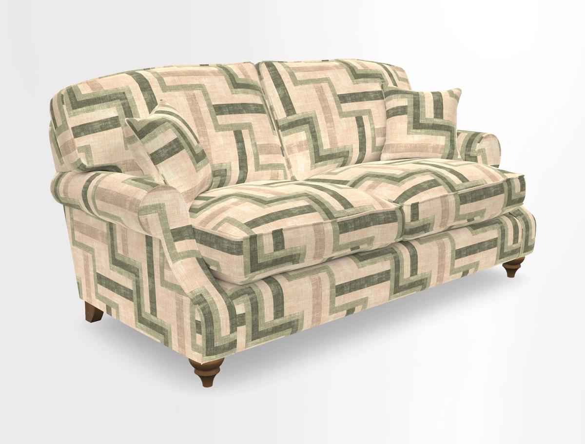 St Mawes 3 Seater Sofa in RHS Collection Gertrude Jekyll Trailing Vine Green-With-Scatters in Linwood Omega Velvet Hunter Green