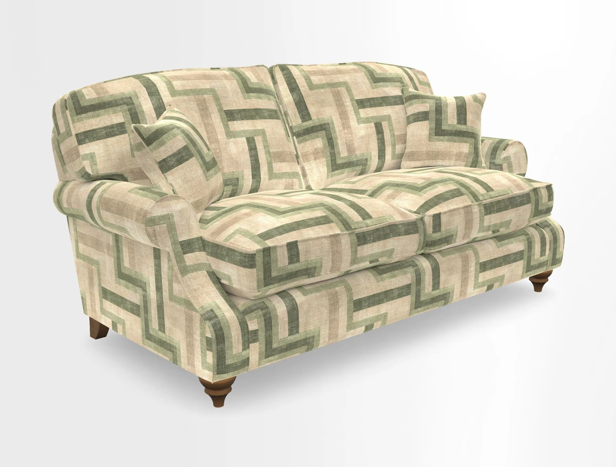 St Mawes 3 Seater Sofa in RHS Collection Gertrude Jekyll Trailing Vine Green-With-Scatters in Linwood Omega Velvet Hunter Green