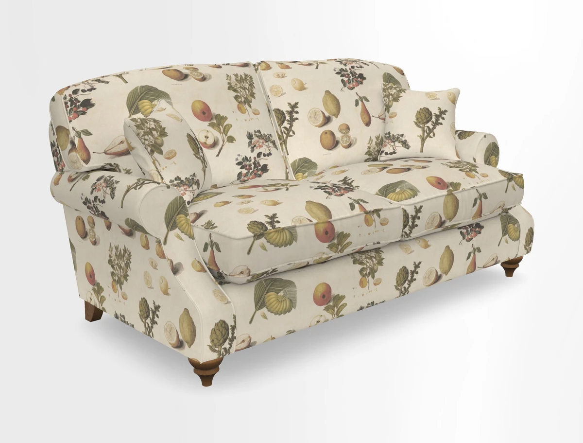 St Mawes 3 Seater Sofa in RHS Collection Gertrude Jekyll Trailing Vine Green-With-Scatters in Linwood Omega Velvet Hunter Green