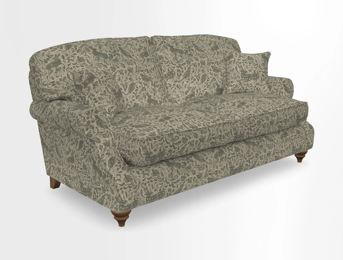 St Mawes 3 Seater Sofa in RHS Collection Gertrude Jekyll Trailing Vine Green-With-Scatters in Linwood Omega Velvet Hunter Green