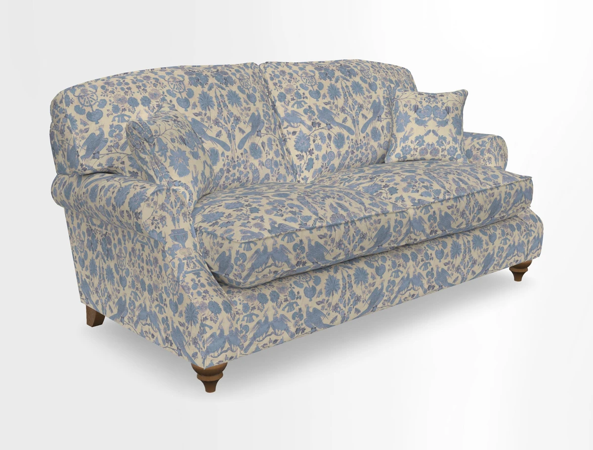 St Mawes 3 Seater Sofa in RHS Collection Gertrude Jekyll Trailing Vine Green-With-Scatters in Linwood Omega Velvet Hunter Green