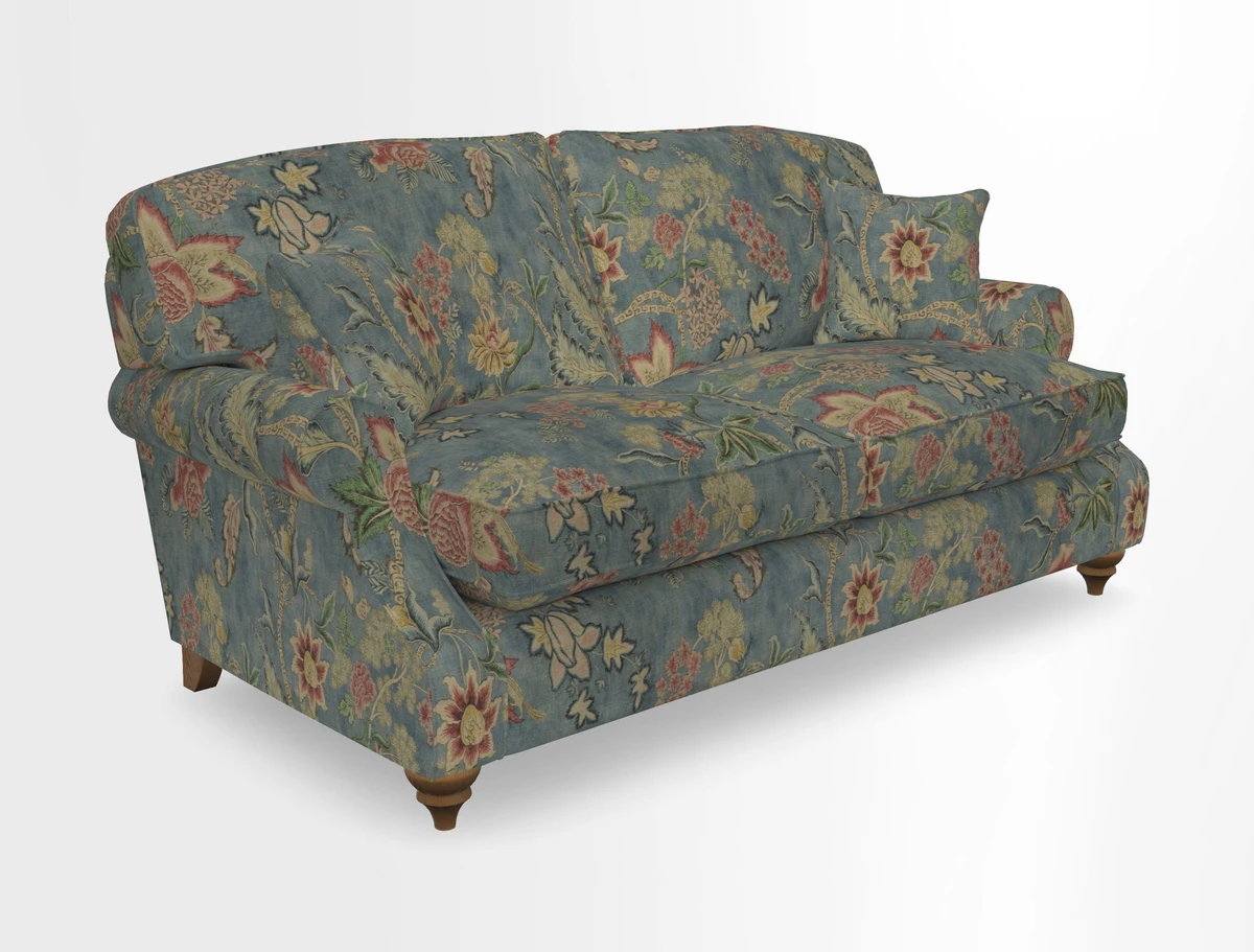 St Mawes 3 Seater Sofa in RHS Collection Gertrude Jekyll Trailing Vine Green-With-Scatters in Linwood Omega Velvet Hunter Green